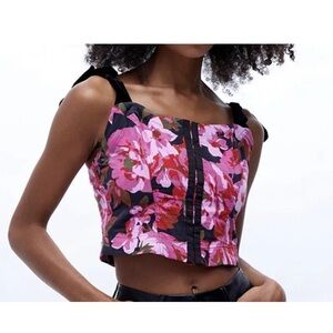 Free People Pink Velvet Foral Tie straps Cropped Corset Top